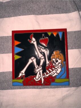 Earthtones Skeleton hand glazes art tile with Heart Accent - Red, Black, Blue